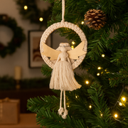Macrame-inspired hanging angel ornament in cream, 12.5x28cm, for Christmas décor.