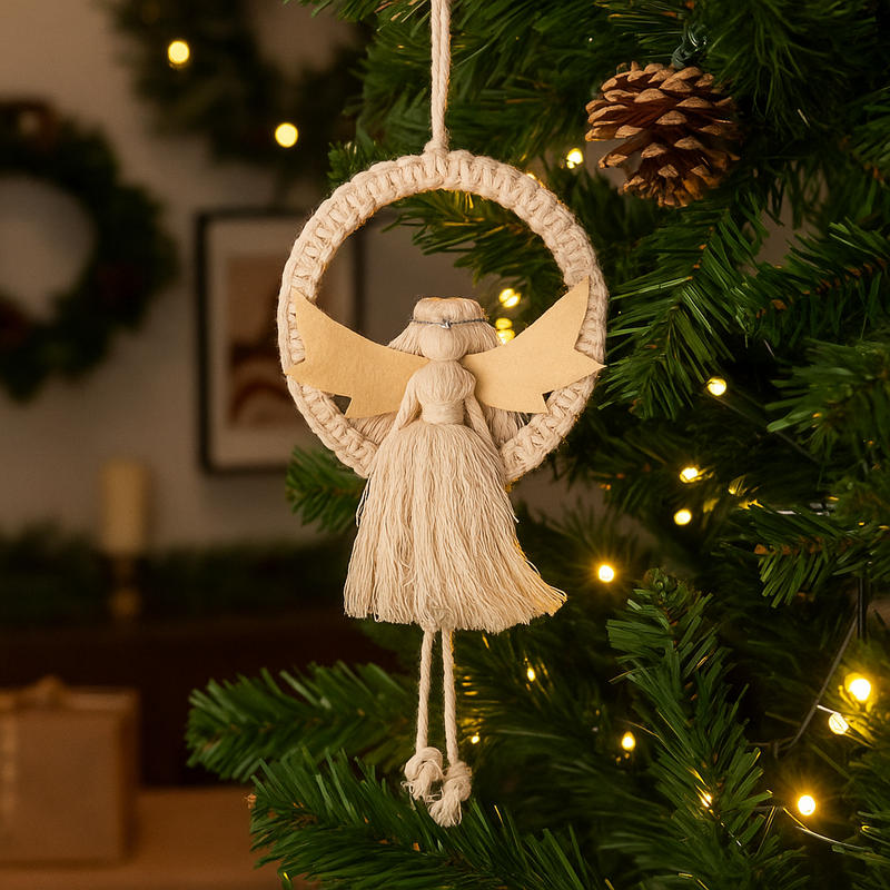 Macrame-inspired hanging angel ornament in cream, 12.5x28cm, for Christmas décor.
