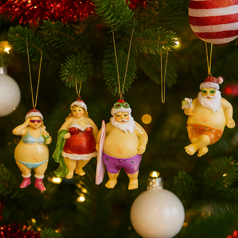 Assorted hanging Santa ornaments in swimwear, perfect for an Australian summer Christmas tree