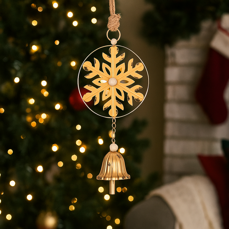 42cm gold metal hanging snowflake and bell Christmas ornament for festive décor