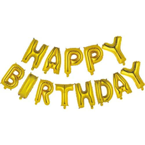 HBD Kit With Straw & Ribbon Foil Balloon Gold 35cm