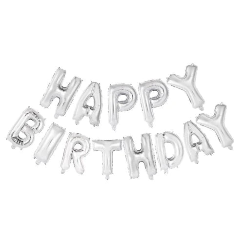 HBD Kit With Straw & Ribbon Foil Balloon Silver 35cm
