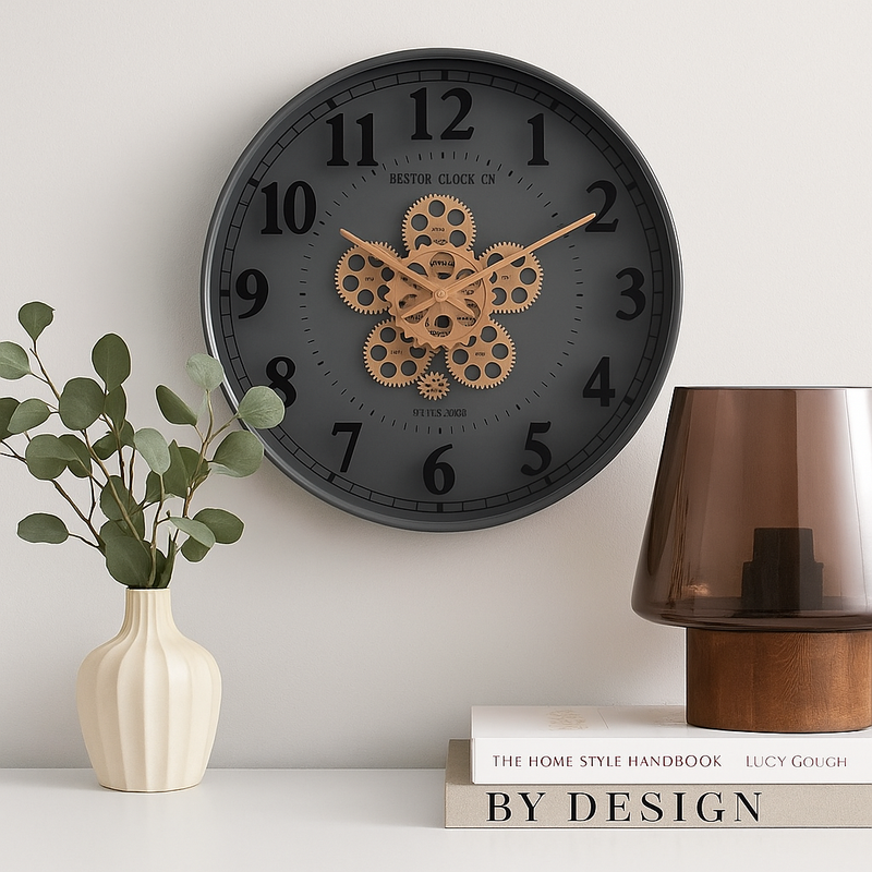 Henri 50cm Green Modern Wall Clock with Exposed Gear Design – Industrial Style Timepiece