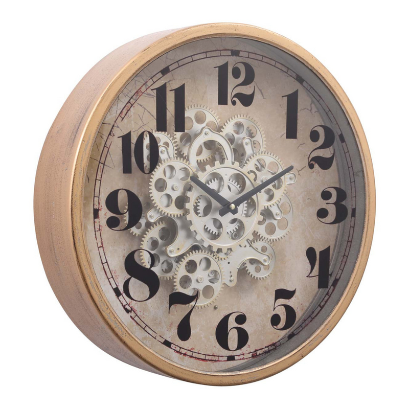 Henri gold wash round wall clock with exposed gear movement, 47cm