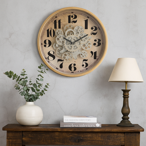Henri gold wash round wall clock with exposed gear movement, 47cm