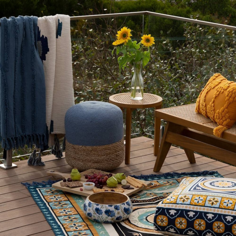 Ronis Henri Ottoman Natural and Steel Blue 45x45x40cm