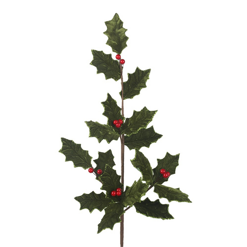 Artificial holly berry leaf stem 80cm Christmas floral decoration with red berries and green leaves