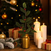 Artificial holly berry leaf stem 80cm Christmas floral decoration with red berries and green leaves