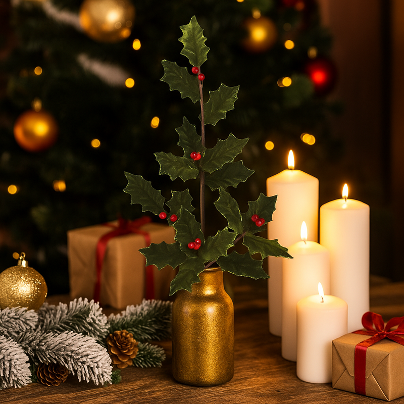 Artificial holly berry leaf stem 80cm Christmas floral decoration with red berries and green leaves