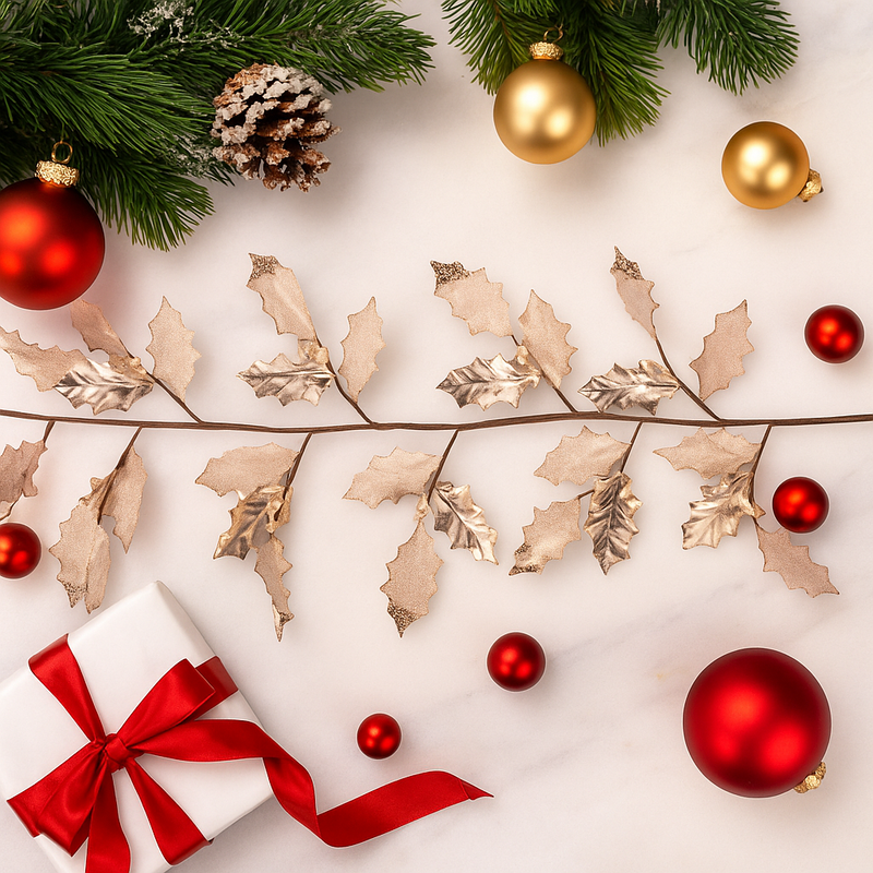 Holly Leaf Garland with Icing Finish 120cm Champagne for elegant Christmas décor