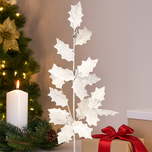 White Holly Leaf Stem 80cm artificial decorative foliage for Christmas arrangements and displays