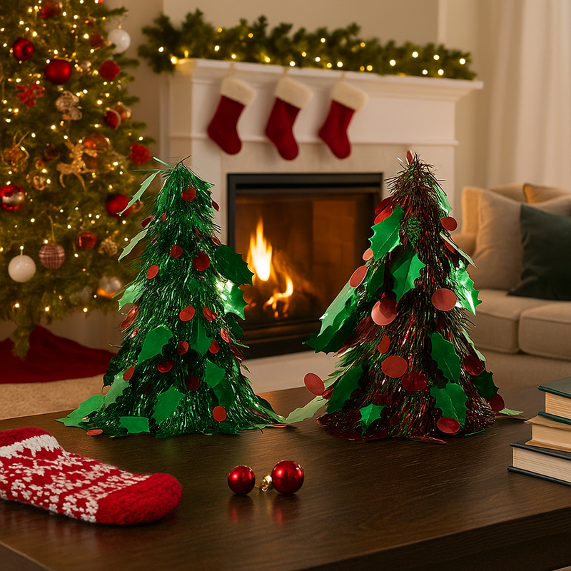 26cm Holly and Berry Tinsel Tree in assorted festive colors with holly leaf and red berry accents, perfect for tabletop Christmas decoration.