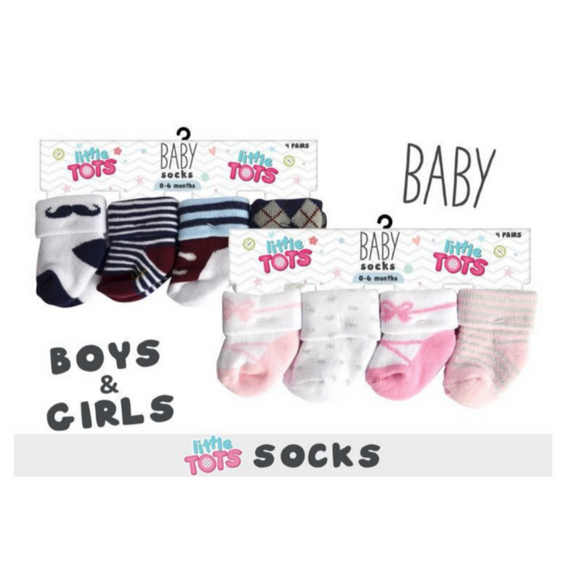 Infant baby socks 4 pack assorted colours for 0-6 months and 6-12 months