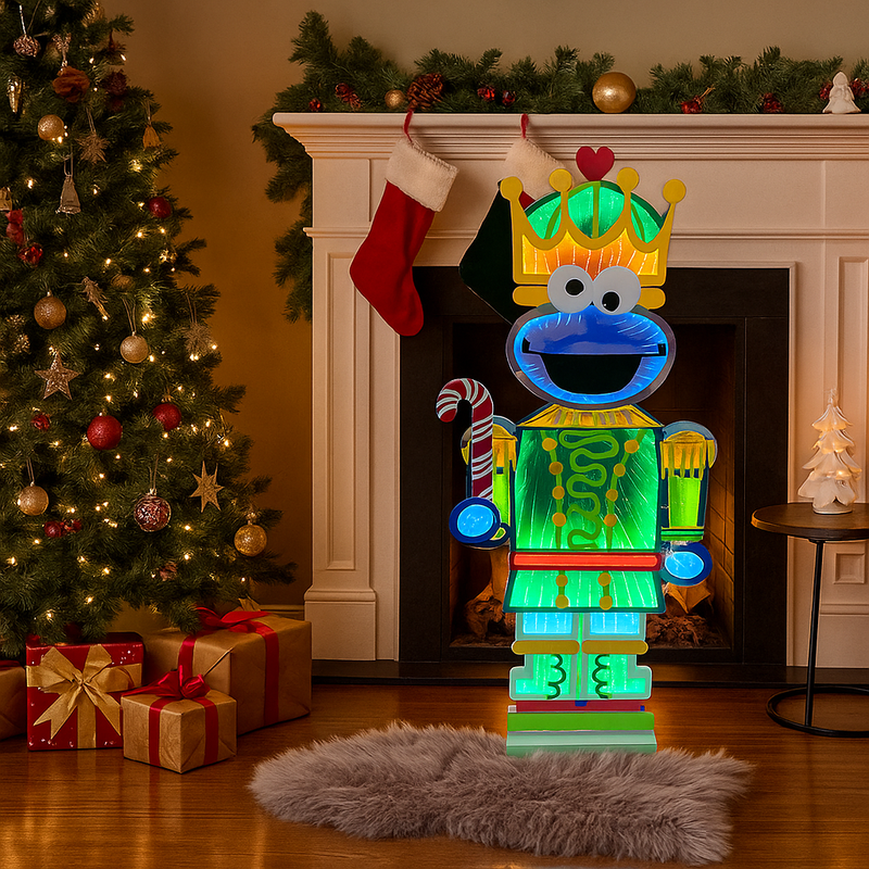 76cm Infinity Cookie Monster Nutcracker figurine in festive uniform with cookie accents, ideal for Sesame Street Christmas decorations.