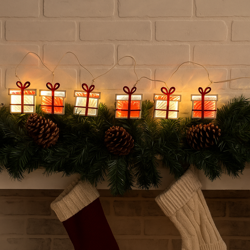 175cm infinity LED garland with 6 glowing gift boxes – modern indoor Christmas decoration