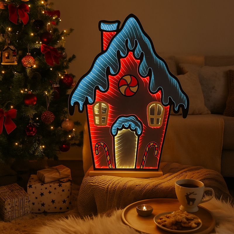 66cm Infinity Gingerbread House Christmas decoration with LED mirror lights and candy accents