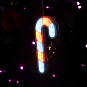Infinity mirror candy cane with glowing LED lights hanging in a Christmas-themed room
