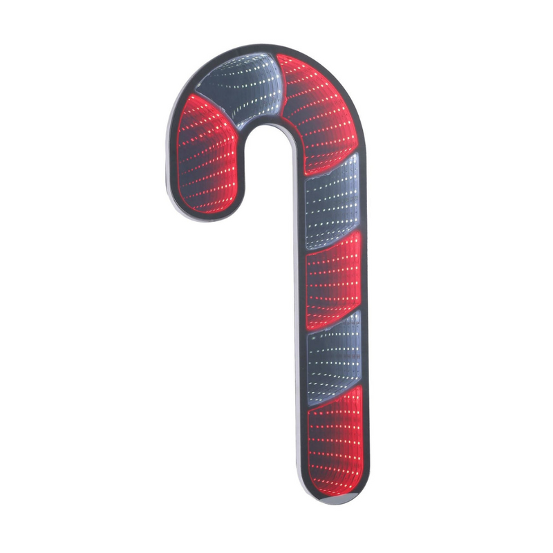 Infinity mirror candy cane with glowing LED lights hanging in a Christmas-themed room
