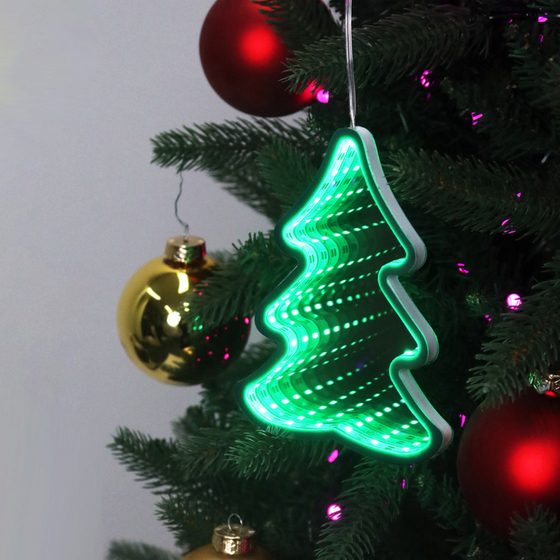 Infinity LED hanging Christmas tree glowing green with 3D mirror light tunnel effect