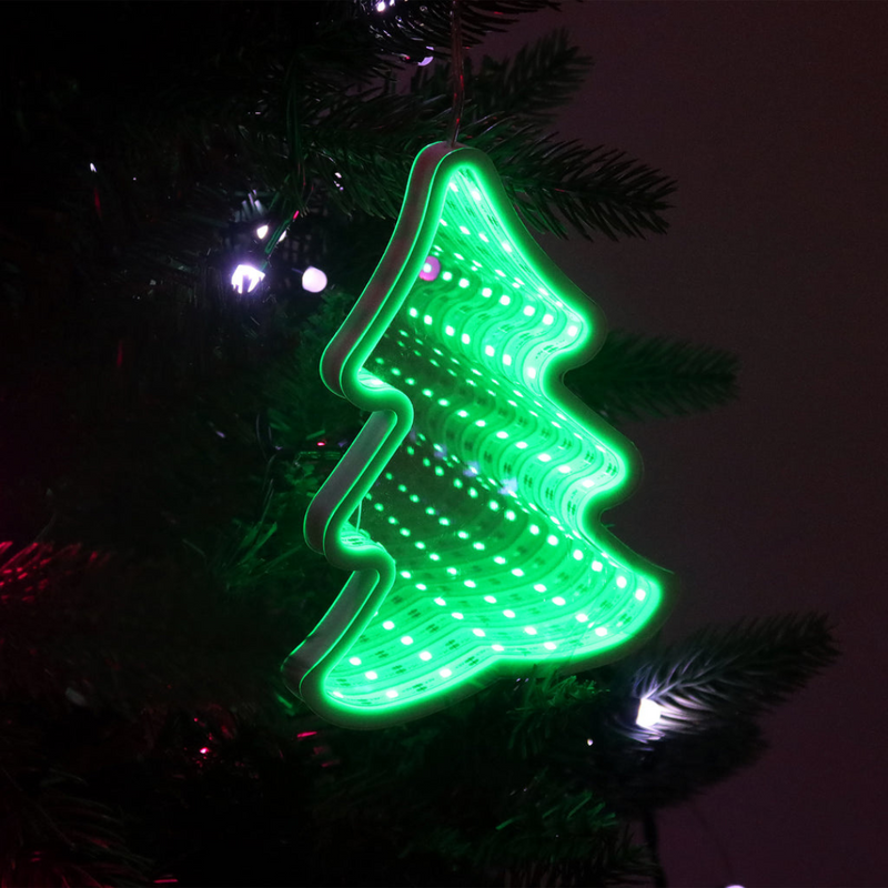 Infinity LED hanging Christmas tree glowing green with 3D mirror light tunnel effect