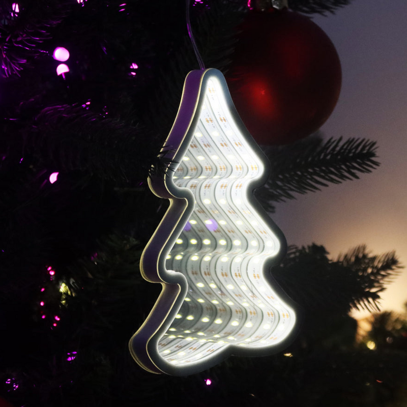 Infinity mirror LED hanging Christmas tree glowing in warm white light with 3D tunnel effect