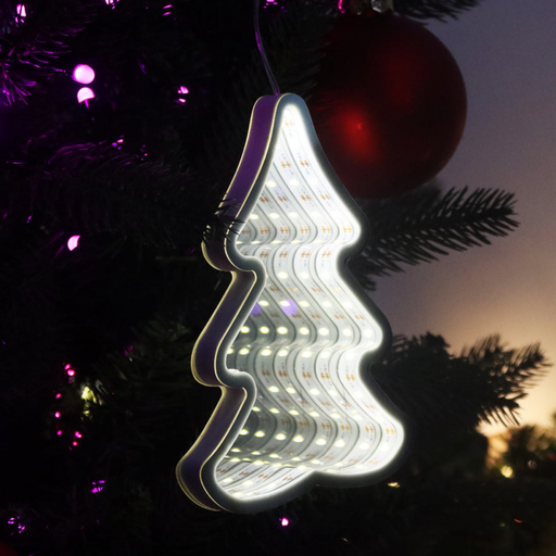 Infinity mirror LED hanging Christmas tree glowing in warm white light with 3D tunnel effect