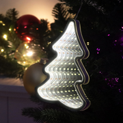Infinity mirror LED hanging Christmas tree glowing in warm white light with 3D tunnel effect