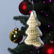 Infinity mirror LED hanging Christmas tree glowing in warm white light with 3D tunnel effect