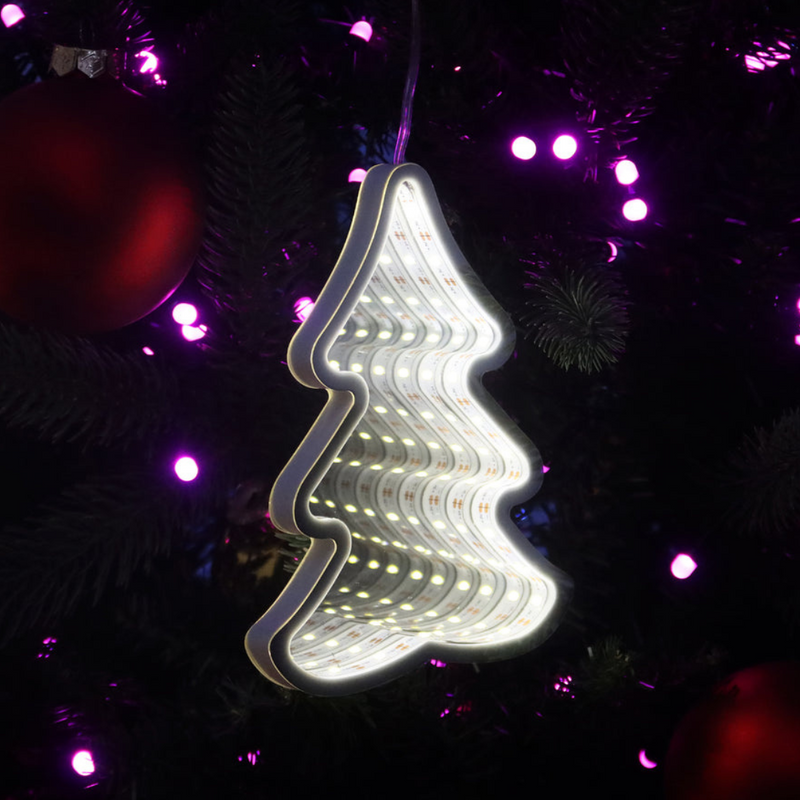 Infinity mirror LED hanging Christmas tree glowing in warm white light with 3D tunnel effect