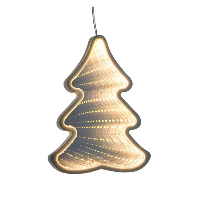 Infinity mirror LED hanging Christmas tree glowing in warm white light with 3D tunnel effect