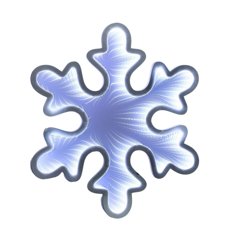 Infinity mirror snowflake decoration with glowing LED lights hanging in a festive indoor setting