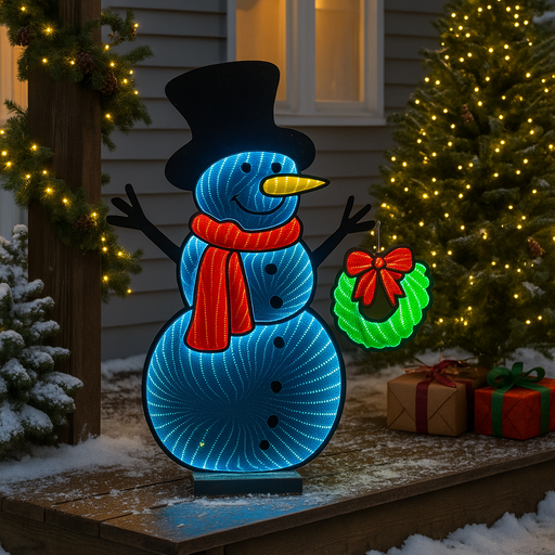 60cm Infinity Light Standing Snowman with LED mirror effect, wearing top hat and scarf