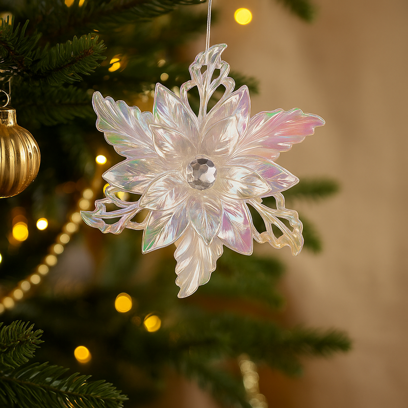 Iridescent clear acrylic poinsettia Christmas tree ornament, 11.7x13.4cm