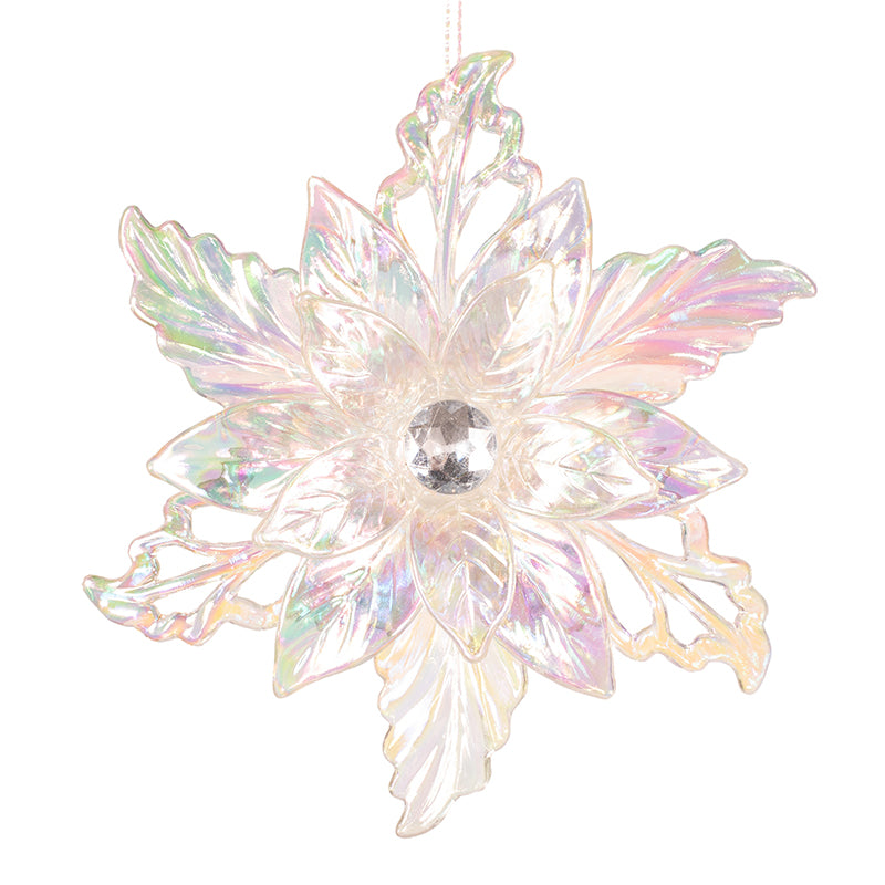 Iridescent clear acrylic poinsettia Christmas tree ornament, 11.7x13.4cm