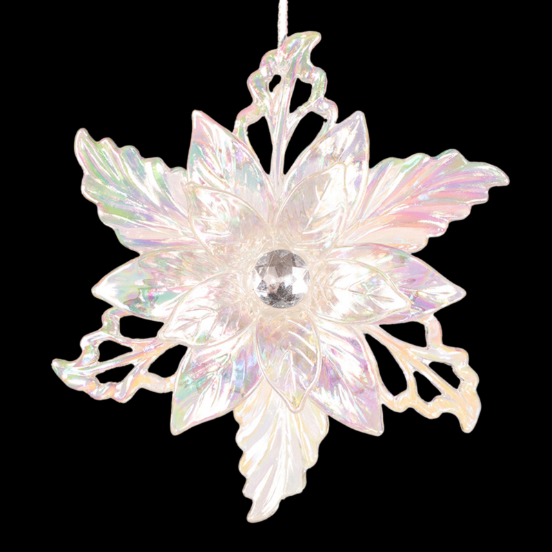 Iridescent clear acrylic poinsettia Christmas tree ornament, 11.7x13.4cm