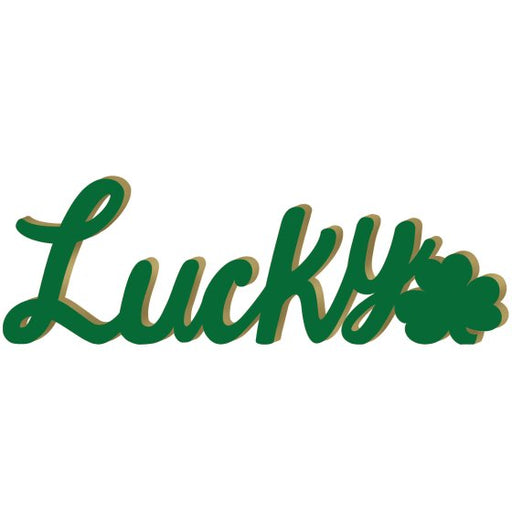 Freestanding MDF St Patrick’s Day sign featuring “Lucky” text with shamrock design, tabletop Irish decoration