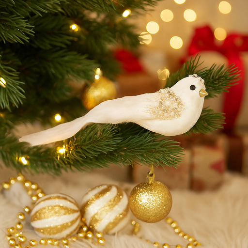 Ivory bird ornament with champagne glitter detail and clip, 8x25cm, perfect for adding sparkle and elegance to Christmas tree décor.