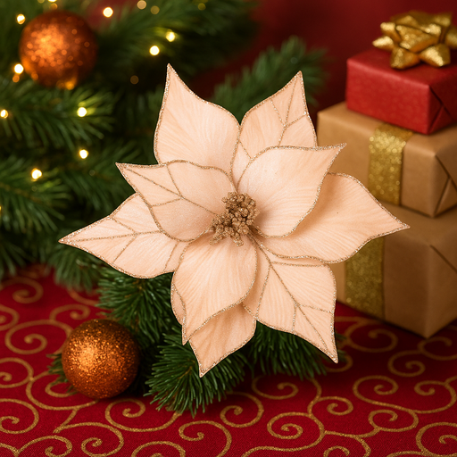 Ivory poinsettia flower with champagne glitter and clip, 27cm decorative Christmas pick