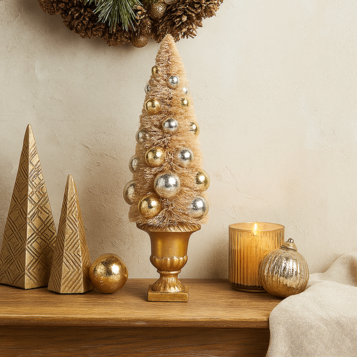 Ivory sisal Christmas tree with baubles in a pot, 40cm tall tabletop decoration