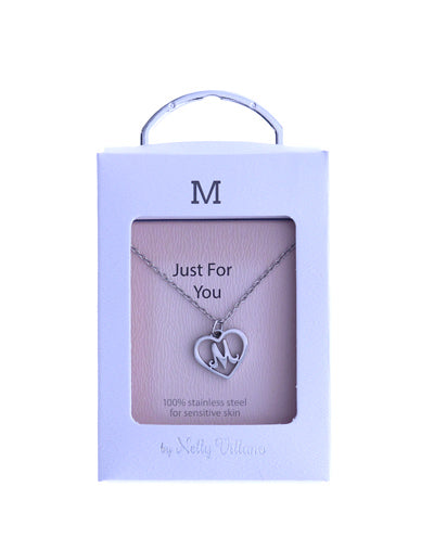 Letter M initial pendant necklace, dainty and bright
