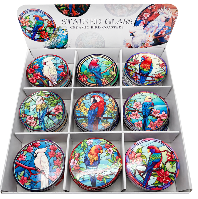 Square ceramic coasters with a vibrant bird-themed stained glass look.