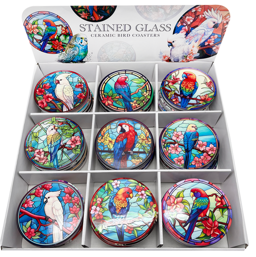 Square ceramic coasters with a vibrant bird-themed stained glass look.
