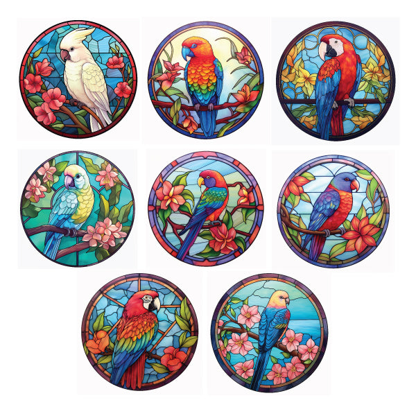 Ceramic pot holder with a bird-themed stained glass design in a matching gift box.