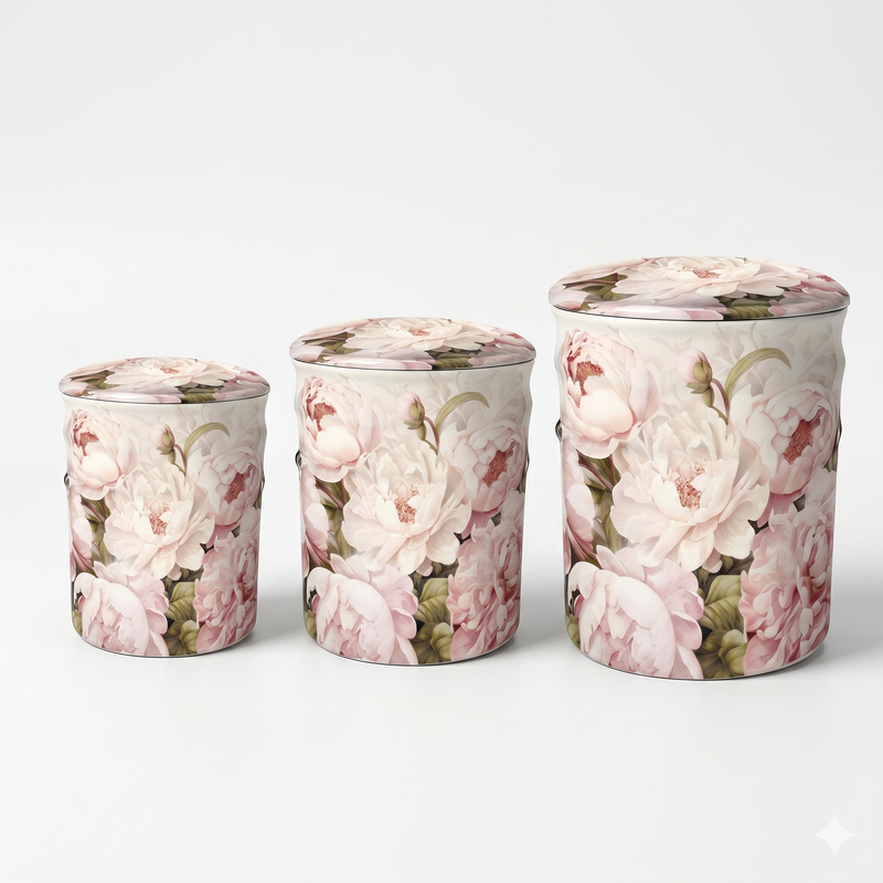 A set of three round tin ottomans with removable lids and a Peony floral design.