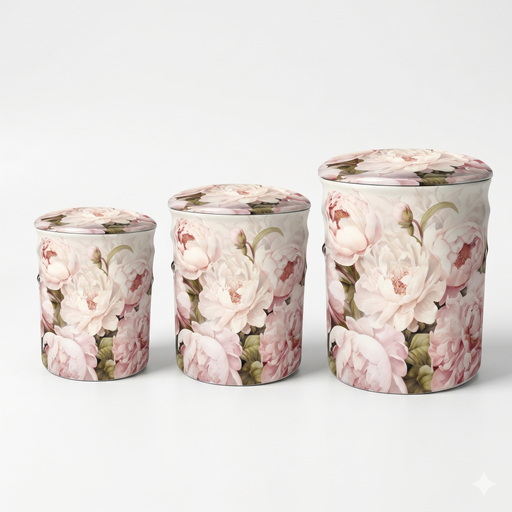 A set of three round tin ottomans with removable lids and a Peony floral design.