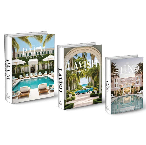 A set of three decorative coffee table books themed around Luxury Living for home decor.