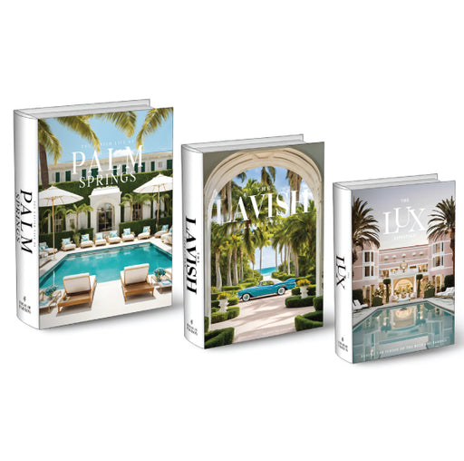 A set of three decorative coffee table books themed around Luxury Living for home decor.