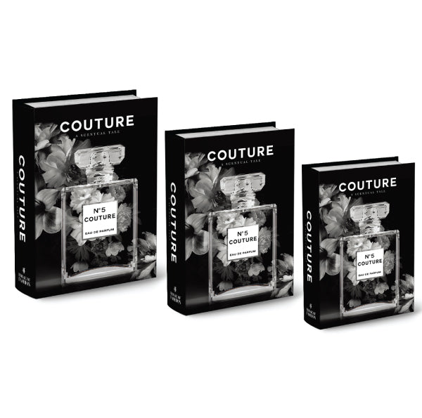A set of three decorative "Essence Couture" themed books for home styling.
