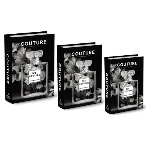 A set of three decorative "Essence Couture" themed books for home styling.