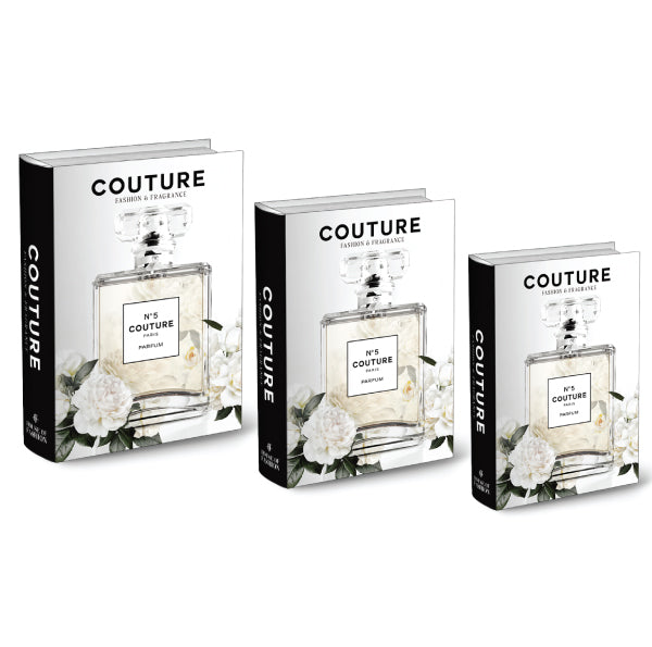 A set of three decorative stacking books with "Simply Couture" fashion-themed covers.